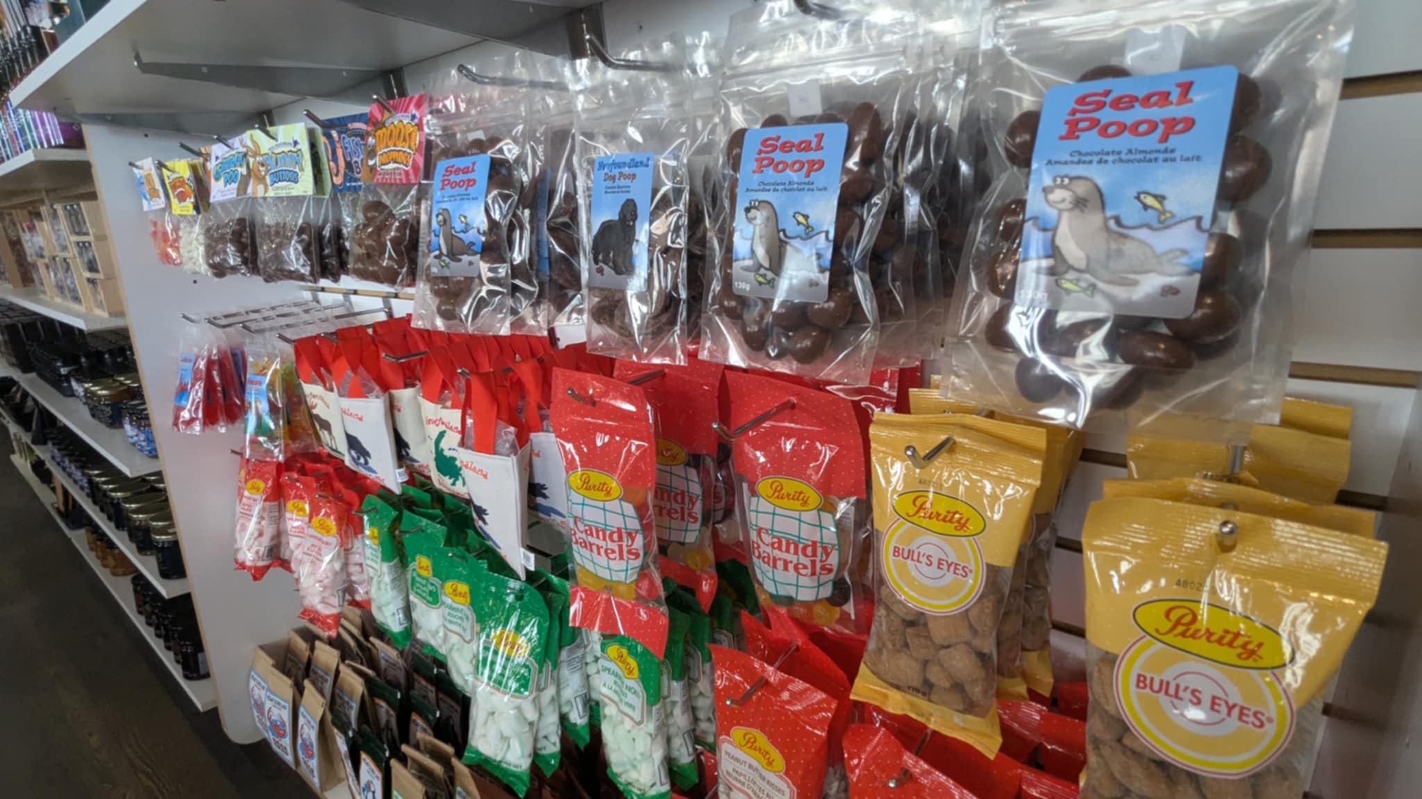 Shelves of local Newfoundland jams, chocolates, candies and specialty treats in the Downhome Shoppe